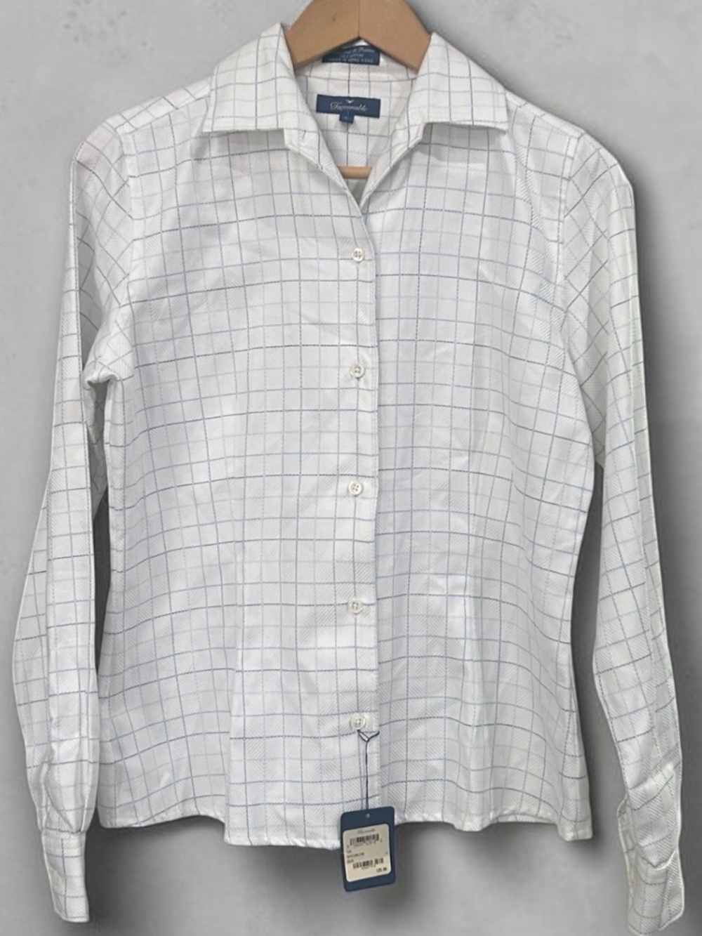 Faconnable Women's Cotton Dress Shirt Long Sleeve White Blue Checkered NWT Small